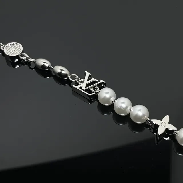 Louis Vuitton Silver White Metal Simulated Pearls Bracelet 4