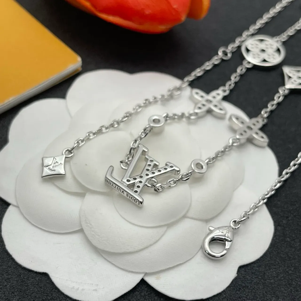 Louis Vuitton Silver White Pavé-Set Monogram Centerpiece Necklace 3