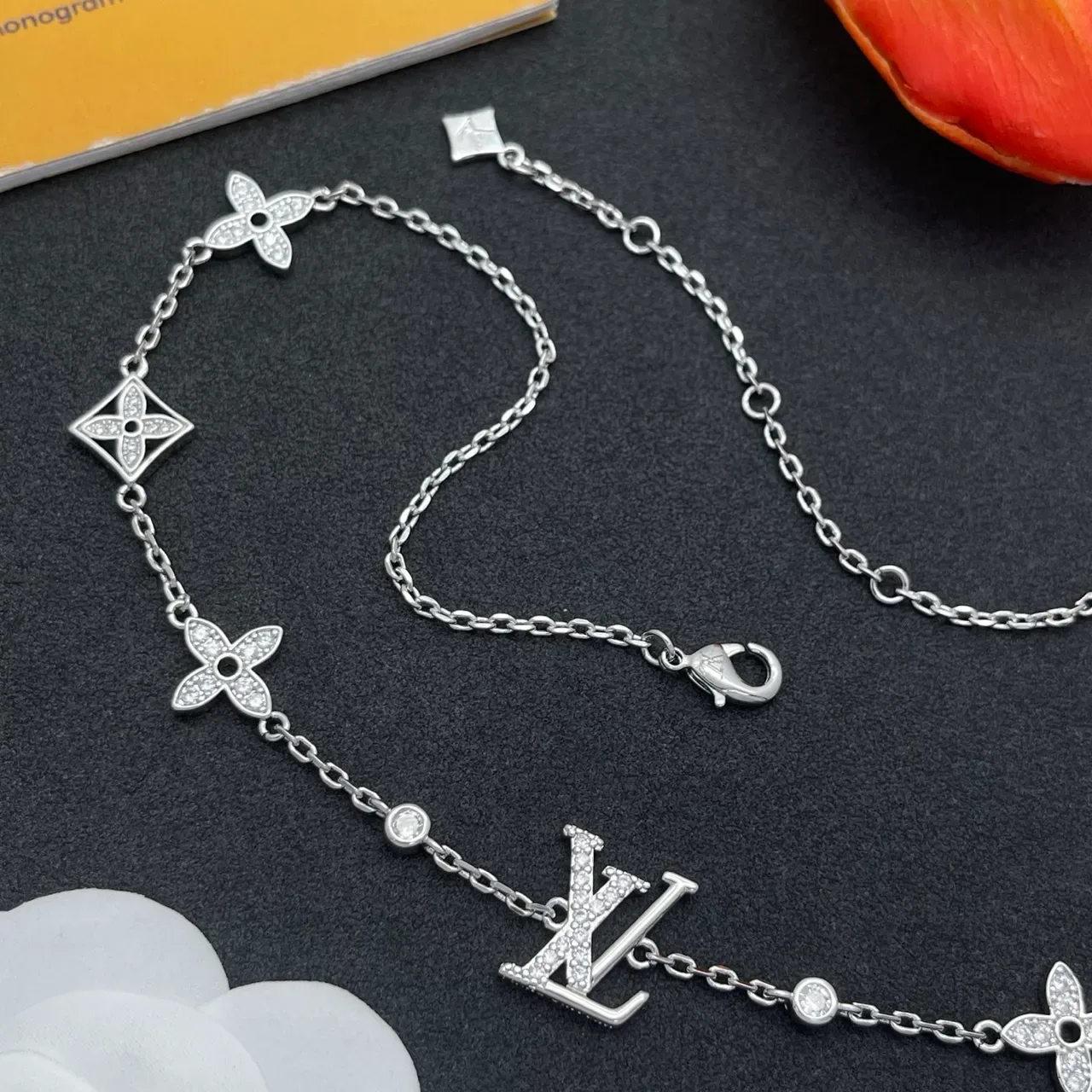 Louis Vuitton Silver White Pavé-Set Monogram Centerpiece Necklace 4