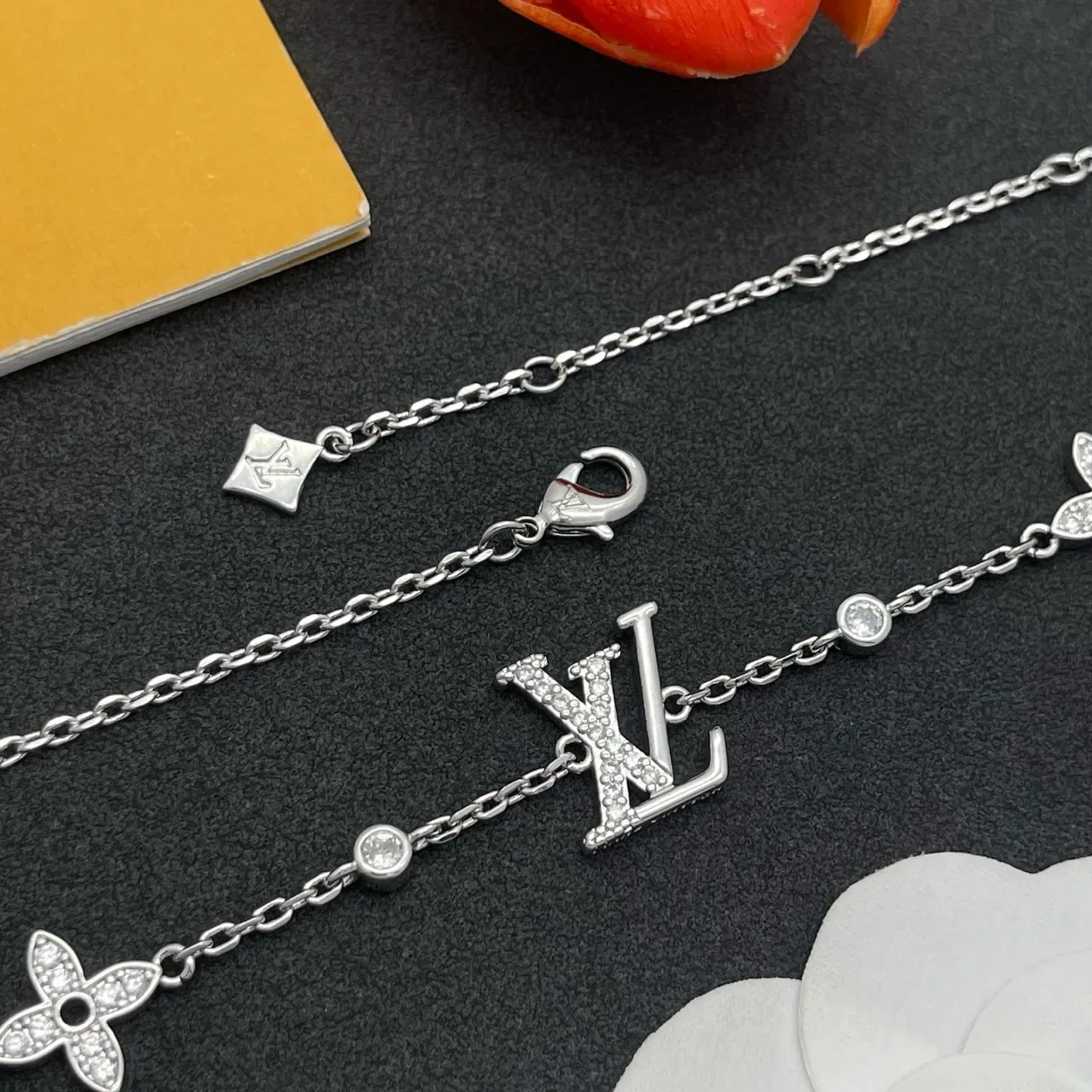 Louis Vuitton Silver White Pavé-Set Monogram Centerpiece Necklace 5