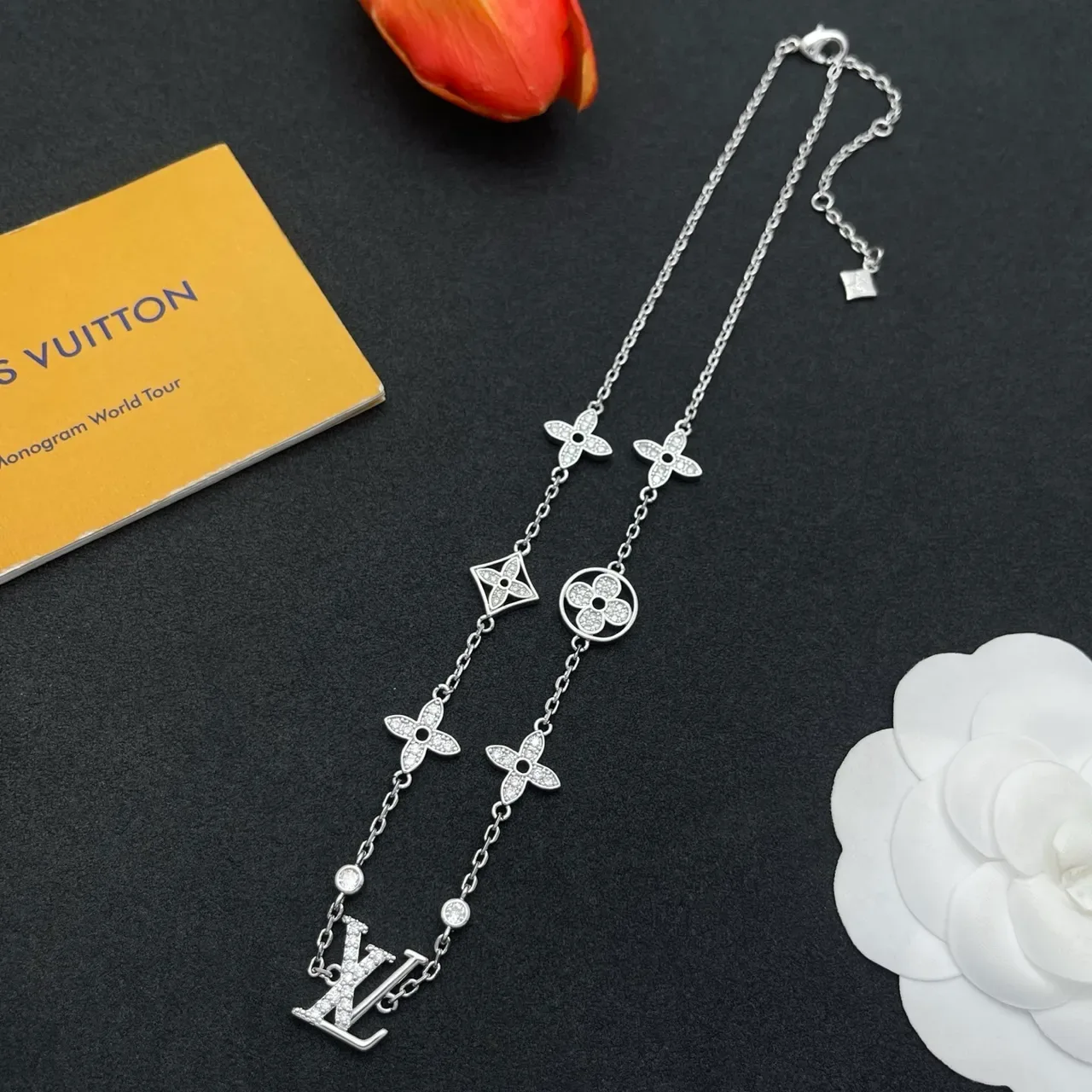 Louis Vuitton Silver White Pavé-Set Monogram Centerpiece Necklace 7