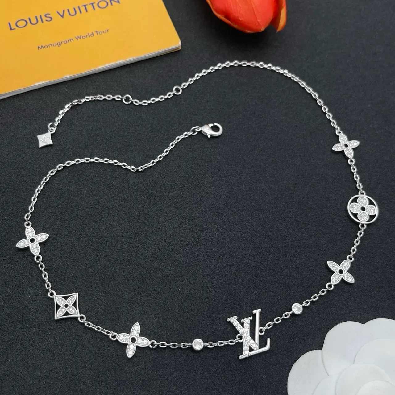 Louis Vuitton Silver White Pavé-Set Monogram Centerpiece Necklace 8