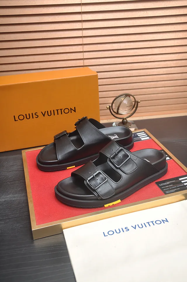 Louis Vuitton Slide Black Double-Strap Buckle Slippers 4