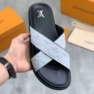 लुई विटन Slide काला ग्रे क्रॉस स्ट्रैप एम्बॉस्ड मोनोग्राम स्लिपर्स