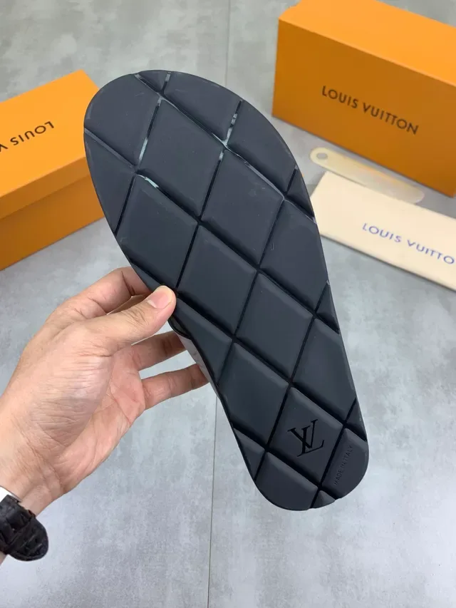 Louis Vuitton Slide Black Gray Cross-Strap Embossed Monogram Slippers 2