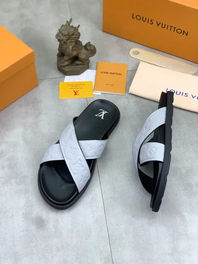 Louis Vuitton Slide Black Gray Cross-Strap Embossed Monogram Slippers 4