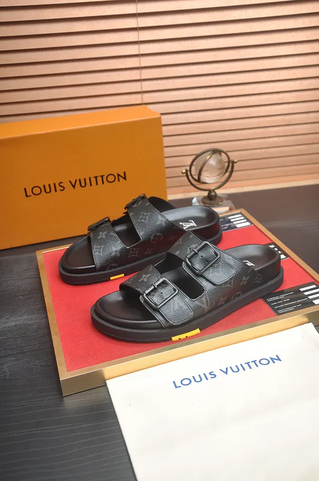 Louis Vuitton Slide Black Monogram Double-Strap Casual Sandals 4