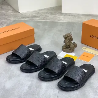 Louis Vuitton Slide काला Monogram-Embossed बुनकर Damier Strap चप्पल