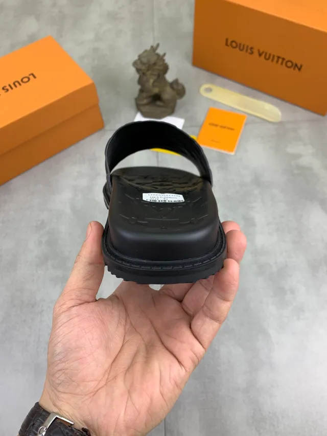Louis Vuitton Slide Black Monogram-Embossed Woven Damier Strap Slippers 3