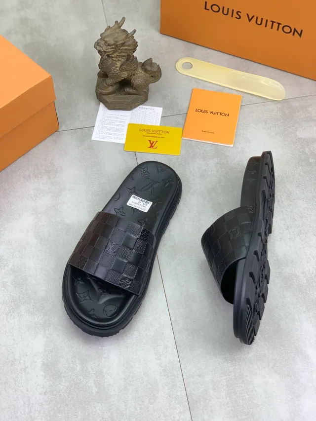 Louis Vuitton Slide Black Monogram-Embossed Woven Damier Strap Slippers 6