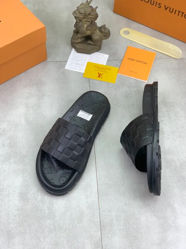 Louis Vuitton Slide Black Monogram-Embossed Woven Damier Strap Slippers 7