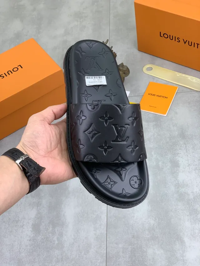 Louis Vuitton Slide Black Monogram-Embossed Woven Damier Strap Slippers 9