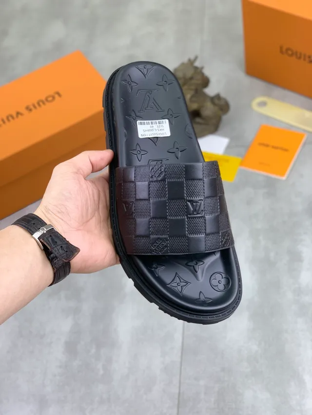 Louis Vuitton Slide Black Monogram-Embossed Woven Damier Strap Slippers 10
