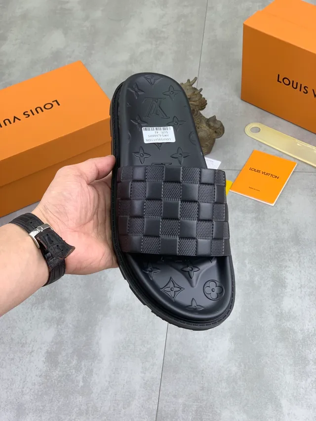 Louis Vuitton Slide Black Monogram-Embossed Woven Damier Strap Slippers 11