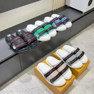Louis Vuitton Slide Black White Double-Strap Monogrammed Webbing Slippers