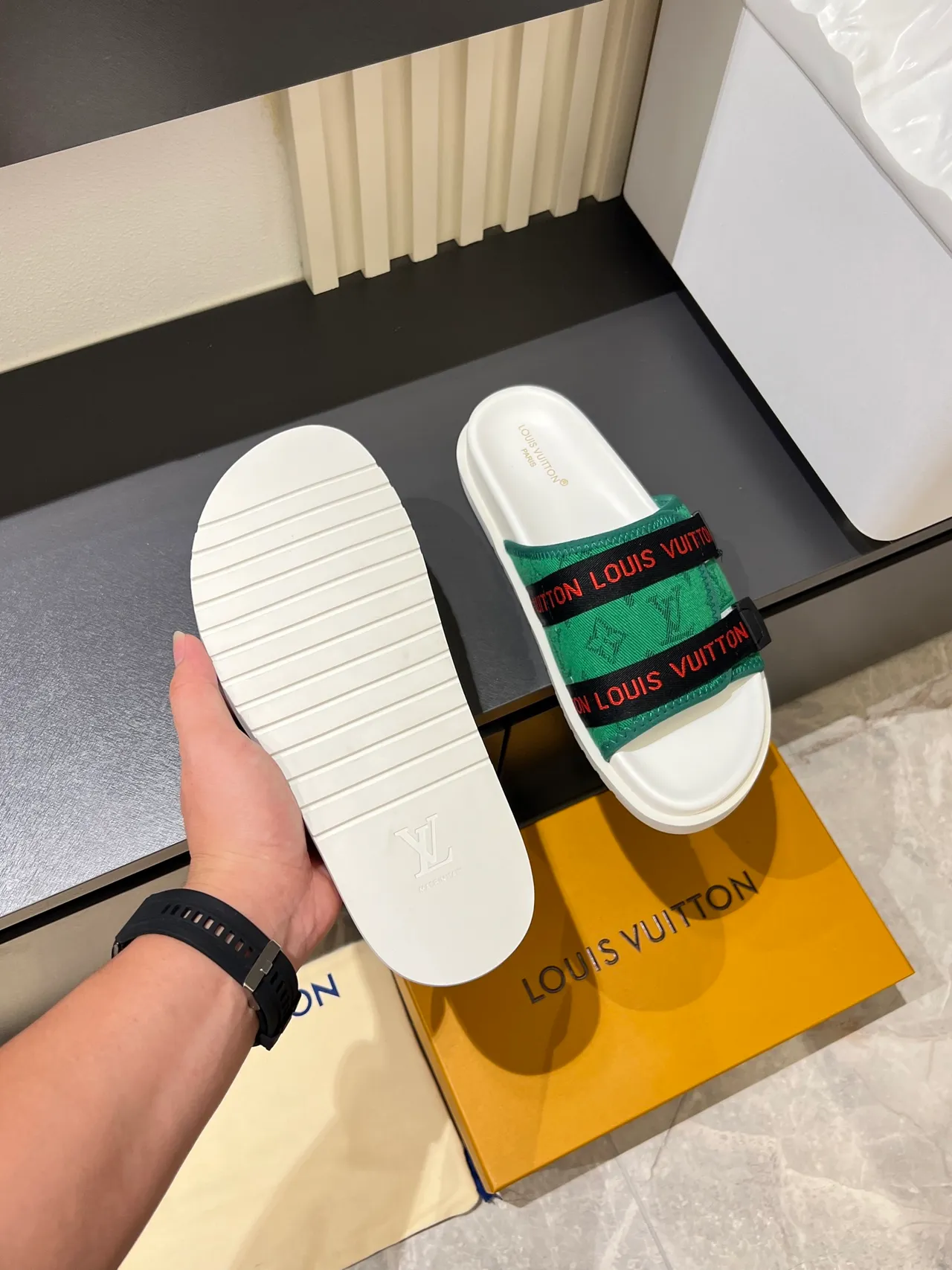 Louis Vuitton Slide Black White Double-Strap Monogrammed Webbing Slippers 2