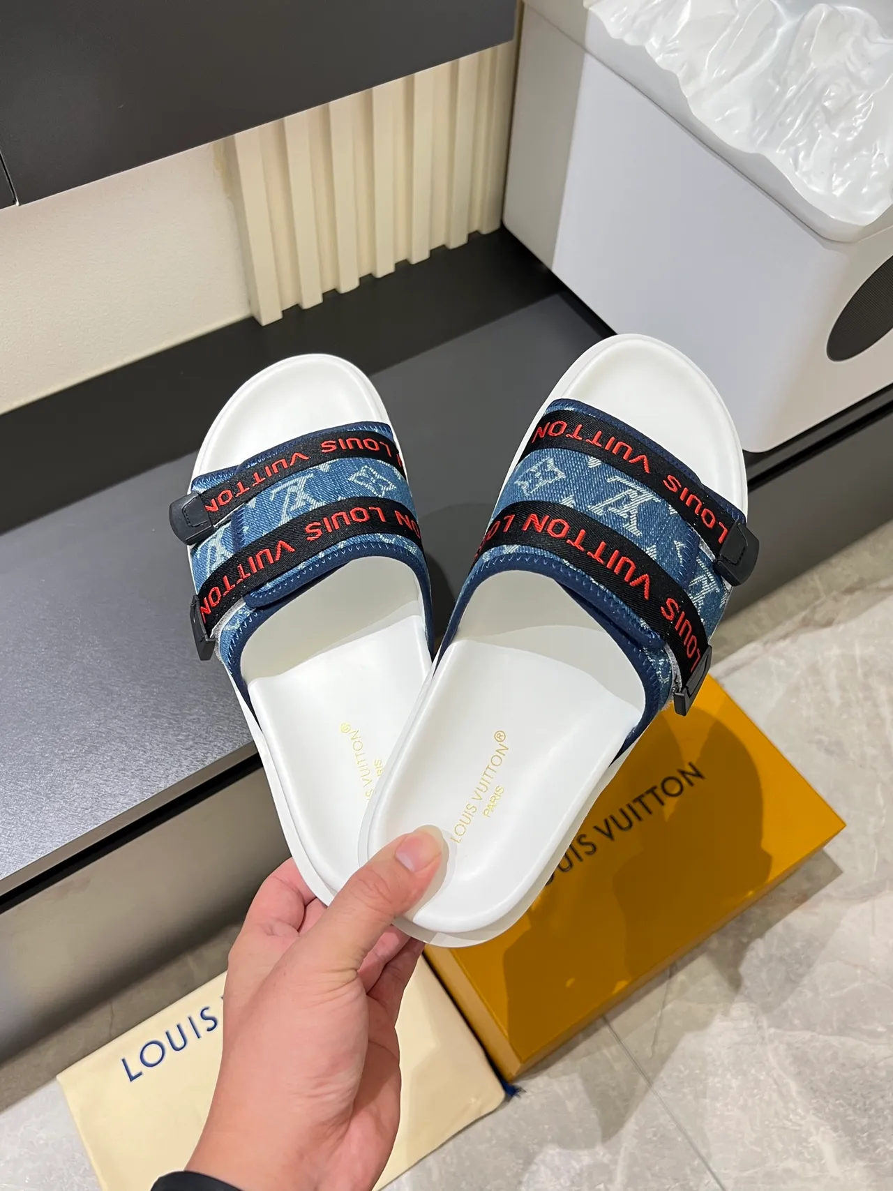 Louis Vuitton Slide Black White Double-Strap Monogrammed Webbing Slippers 4