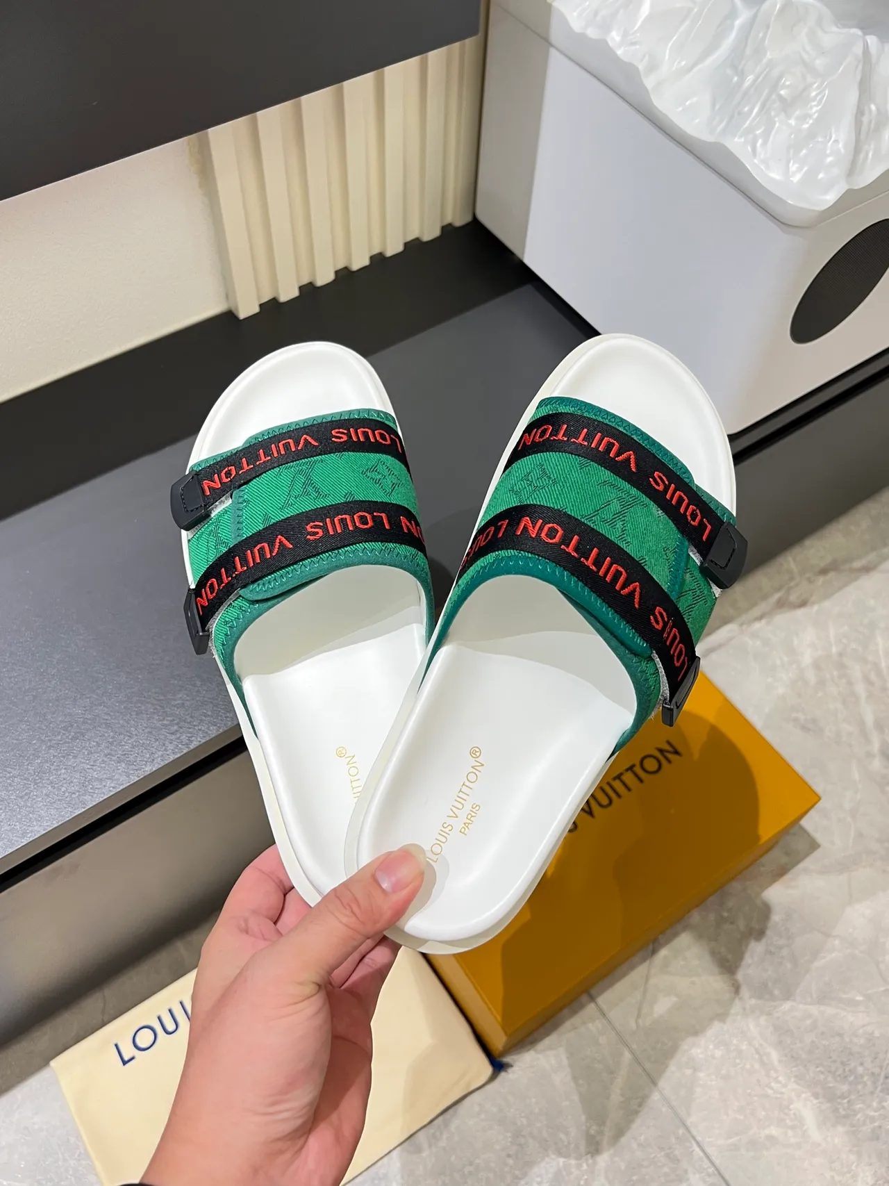 Louis Vuitton Slide Black White Double-Strap Monogrammed Webbing Slippers 5