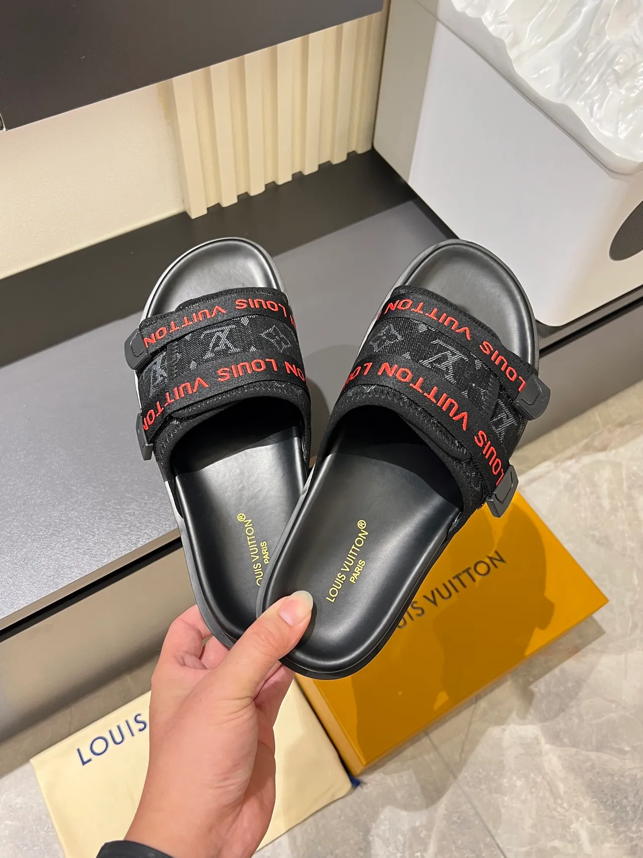 Louis Vuitton Slide Black White Double-Strap Monogrammed Webbing Slippers 6