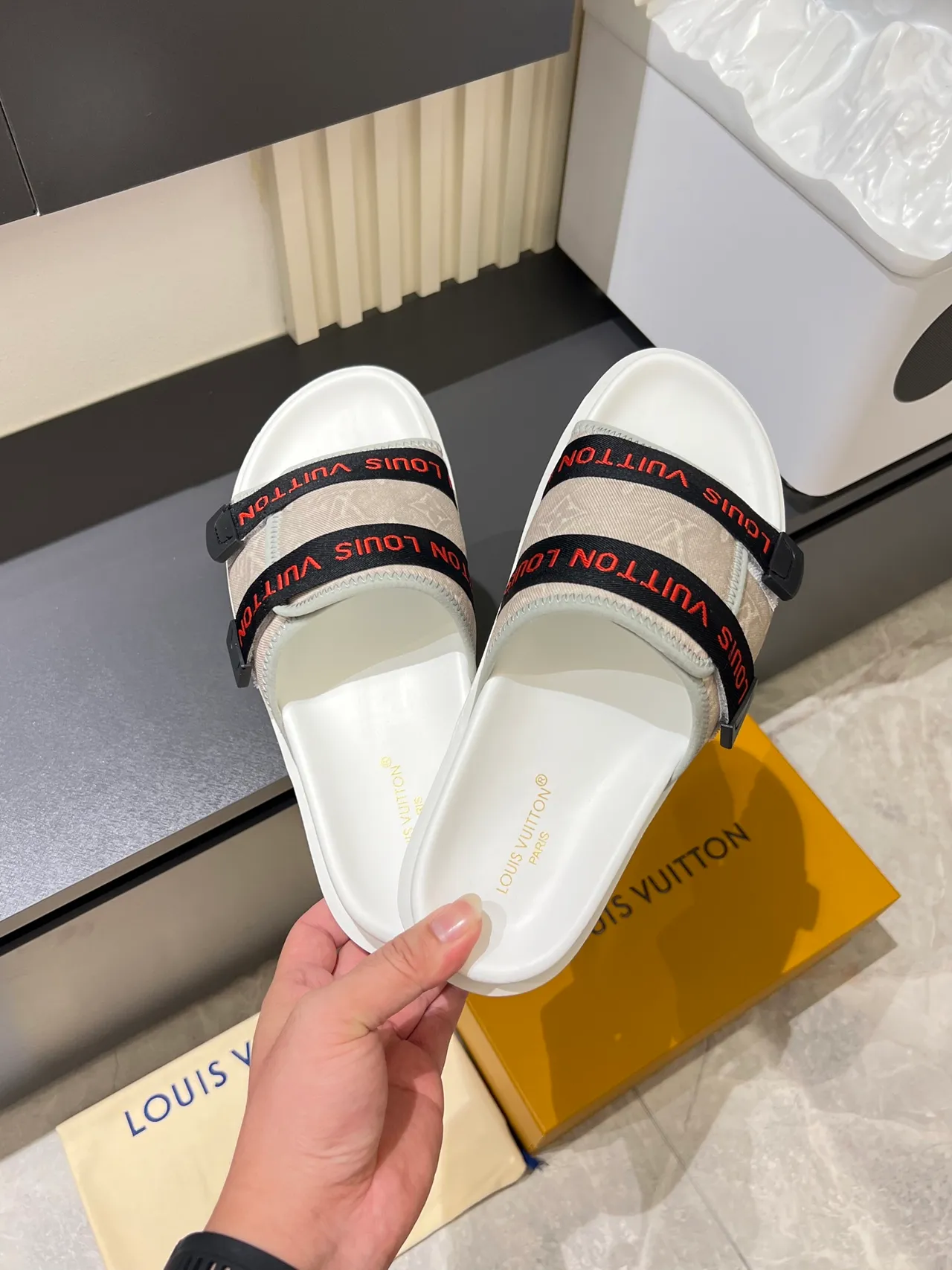 Louis Vuitton Slide Black White Double-Strap Monogrammed Webbing Slippers 7