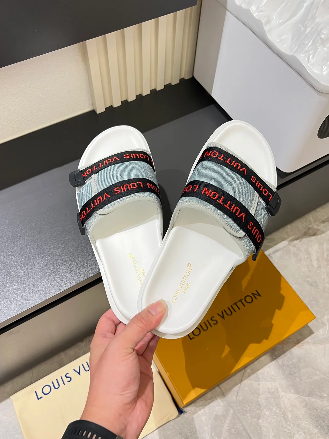Louis Vuitton Slide Black White Double-Strap Monogrammed Webbing Slippers 8