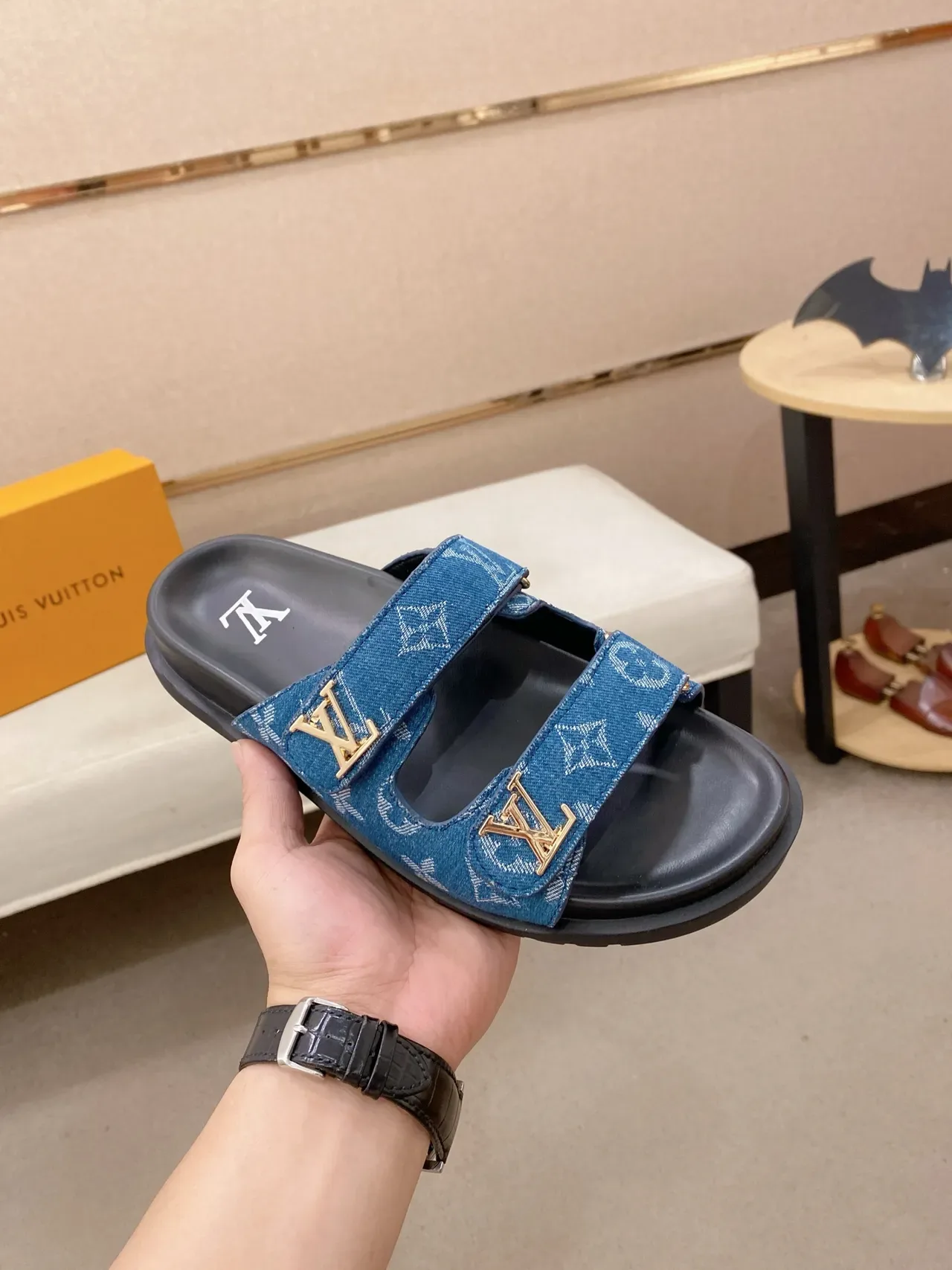 Louis Vuitton Slide Denim Monogram Blue Black Slippers 3