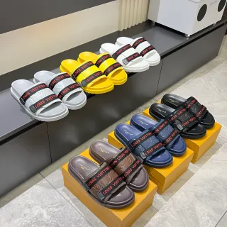 Louis Vuitton Slide Multicolor Molded Rubber Sole Double-Logo Strap Slippers