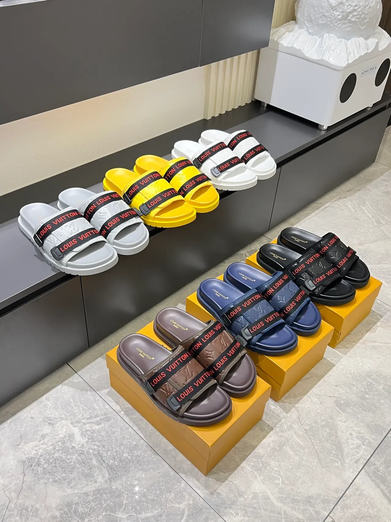 Louis Vuitton Slide Multicolor Molded Rubber Sole Double-Logo Strap Slippers 1