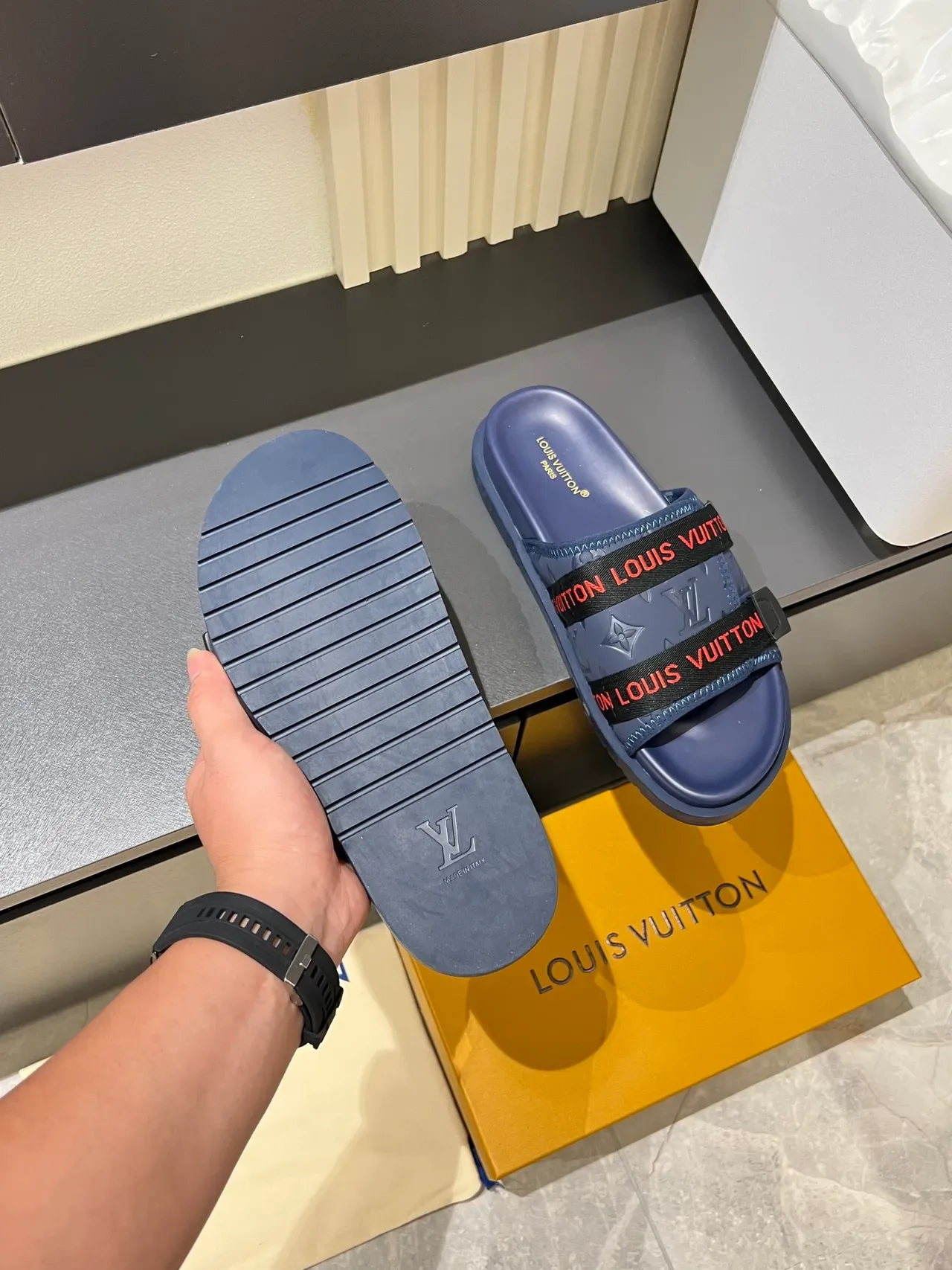 Louis Vuitton Slide Multicolor Molded Rubber Sole Double-Logo Strap Slippers 6