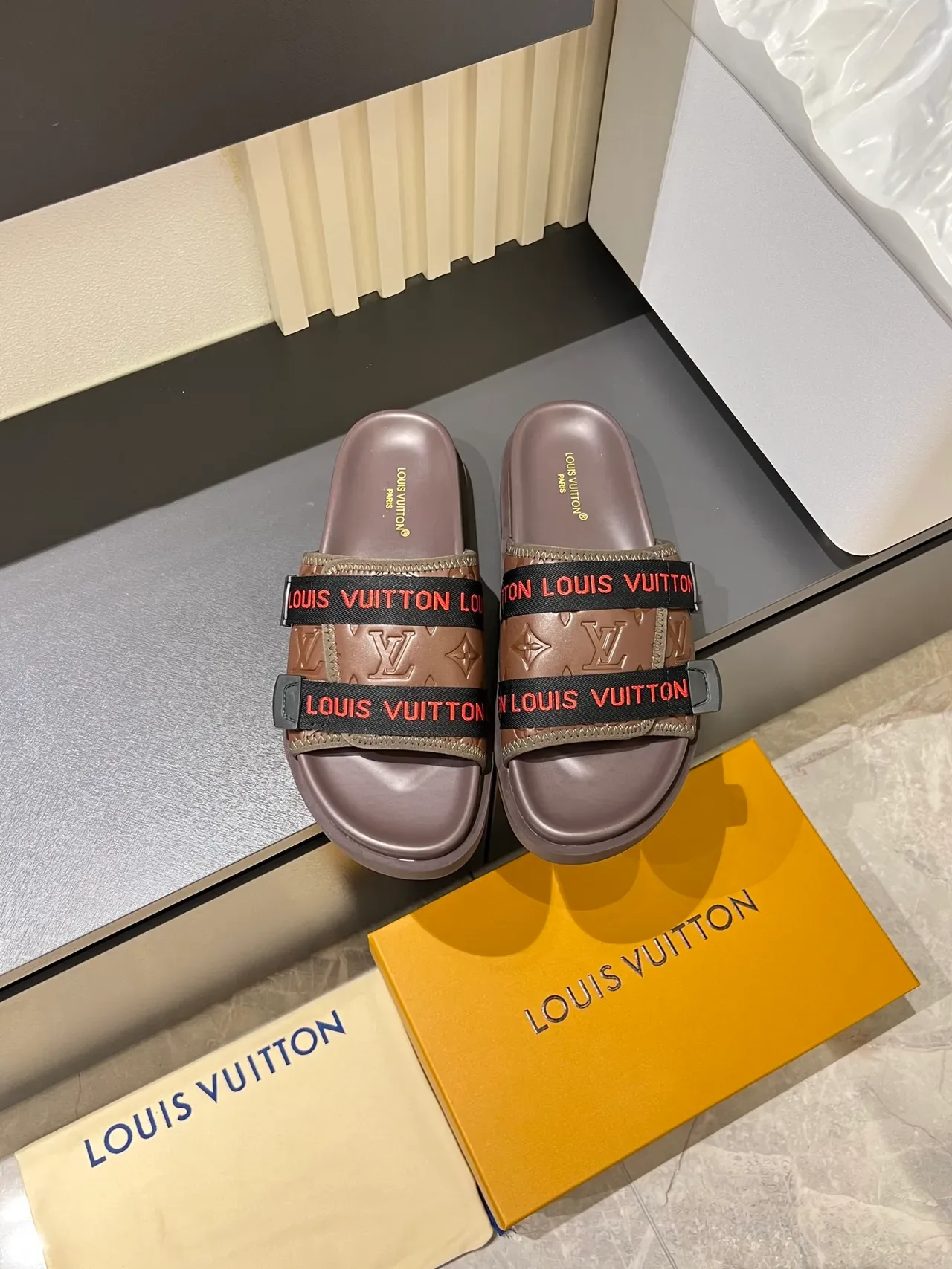 Louis Vuitton Slide Multicolor Molded Rubber Sole Double-Logo Strap Slippers 11