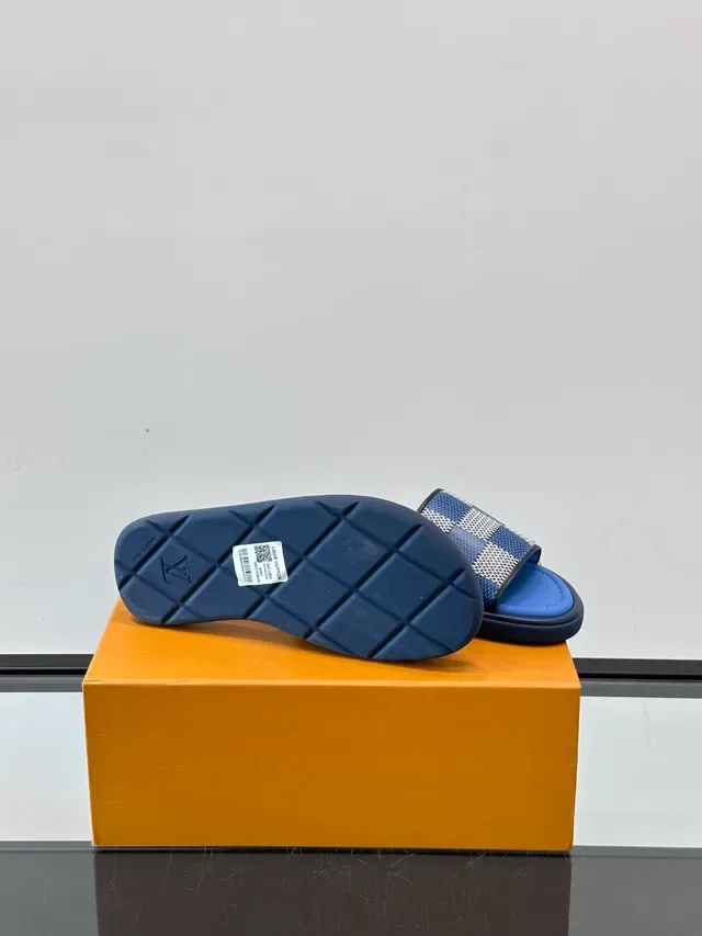 Louis Vuitton Slides Blue White Woven Damier Check Strap Slide Construction Slippers 4