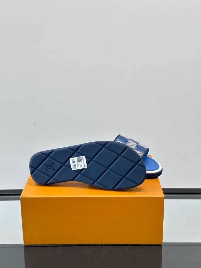 Louis Vuitton Slides Blue White Woven Damier Check Strap Slide Construction Slippers 5