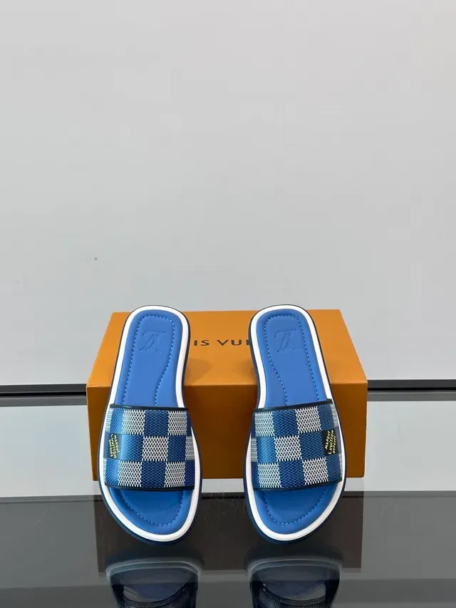 Louis Vuitton Slides Blue White Woven Damier Check Strap Slide Construction Slippers 6