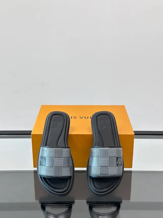 Louis Vuitton Slides Blue White Woven Damier Check Strap Slide Construction Slippers 7