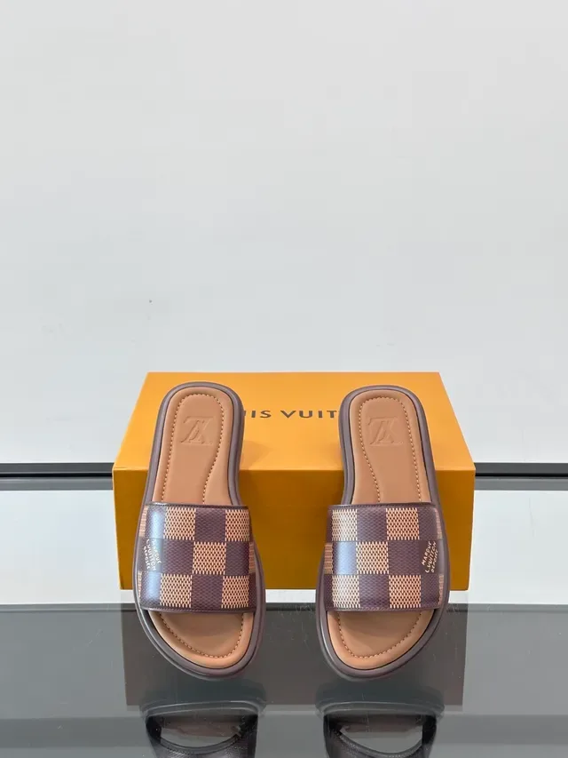 Louis Vuitton Slides Blue White Woven Damier Check Strap Slide Construction Slippers 8