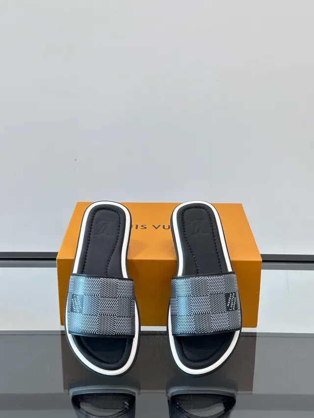 Louis Vuitton Slides Blue White Woven Damier Check Strap Slide Construction Slippers 10