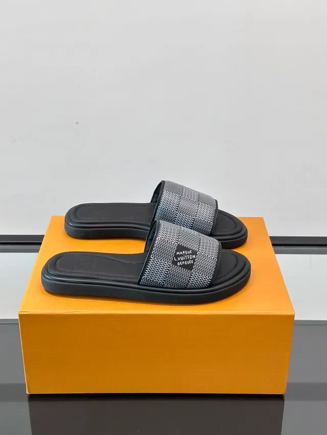 Louis Vuitton Slides Blue White Woven Damier Check Strap Slide Construction Slippers 12