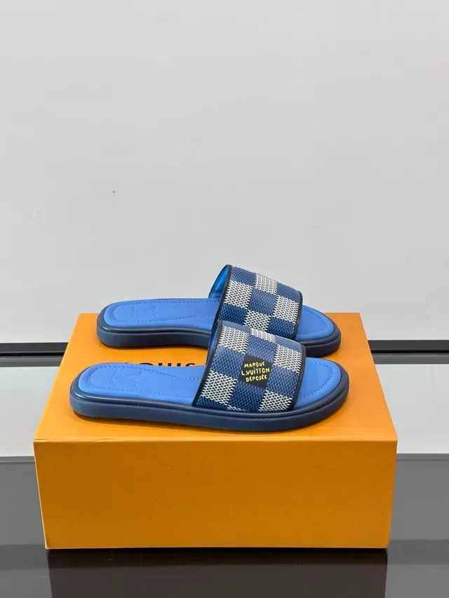 Louis Vuitton Slides Blue White Woven Damier Check Strap Slide Construction Slippers 14