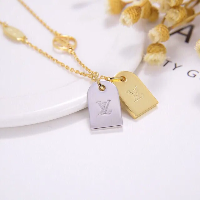 Louis Vuitton Tag Gold Silver Pendant Monogram-Engraved Necklace 1