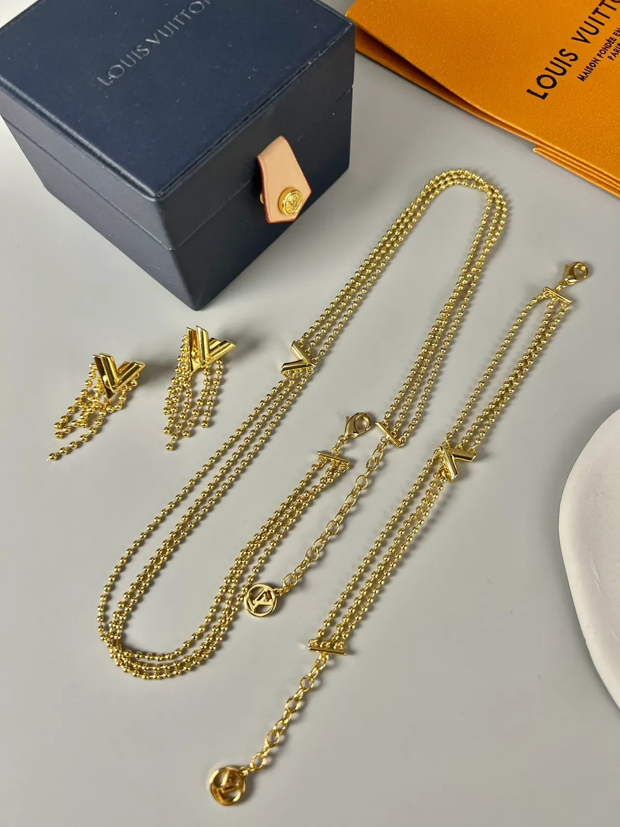 Louis Vuitton V Collection Gold Triple-Strand Beaded Ball Chain Necklace 2