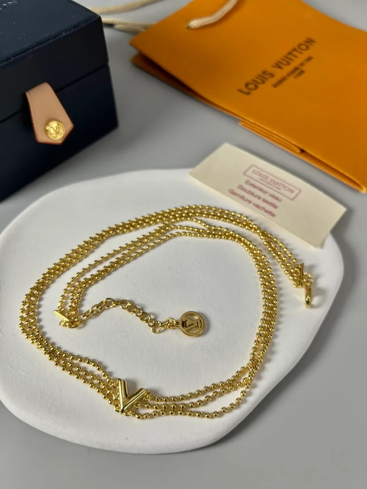 Louis Vuitton V Collection Gold Triple-Strand Beaded Ball Chain Necklace 3