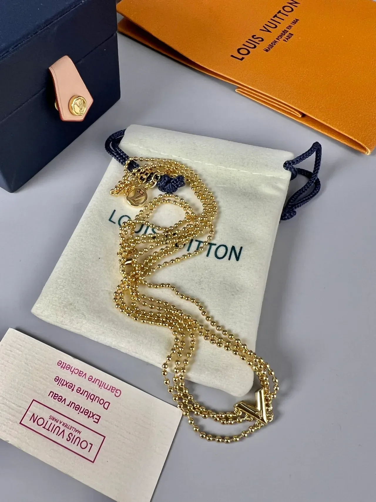Louis Vuitton V Collection Gold Triple-Strand Beaded Ball Chain Necklace 4