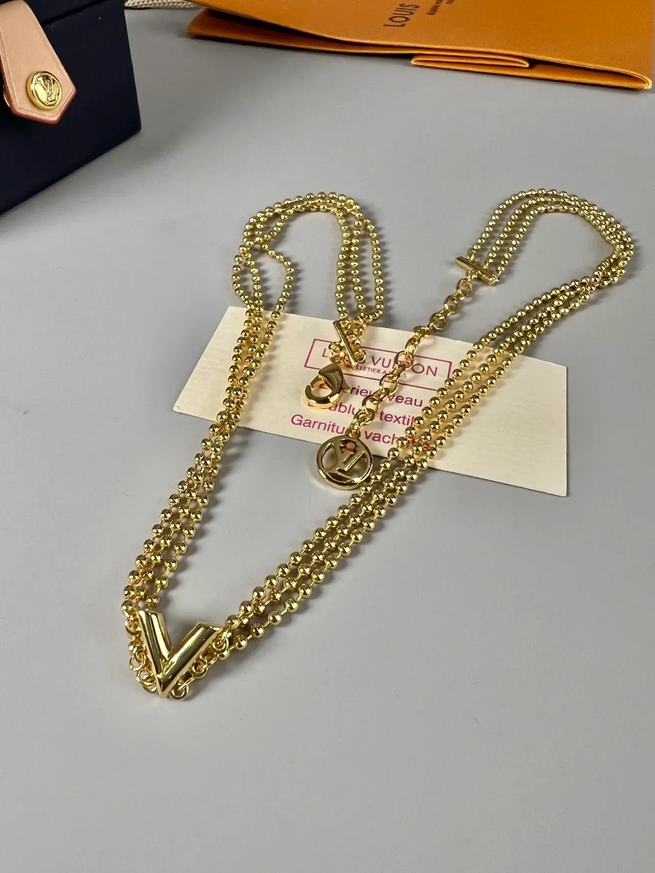 Louis Vuitton V Collection Gold Triple-Strand Beaded Ball Chain Necklace 6