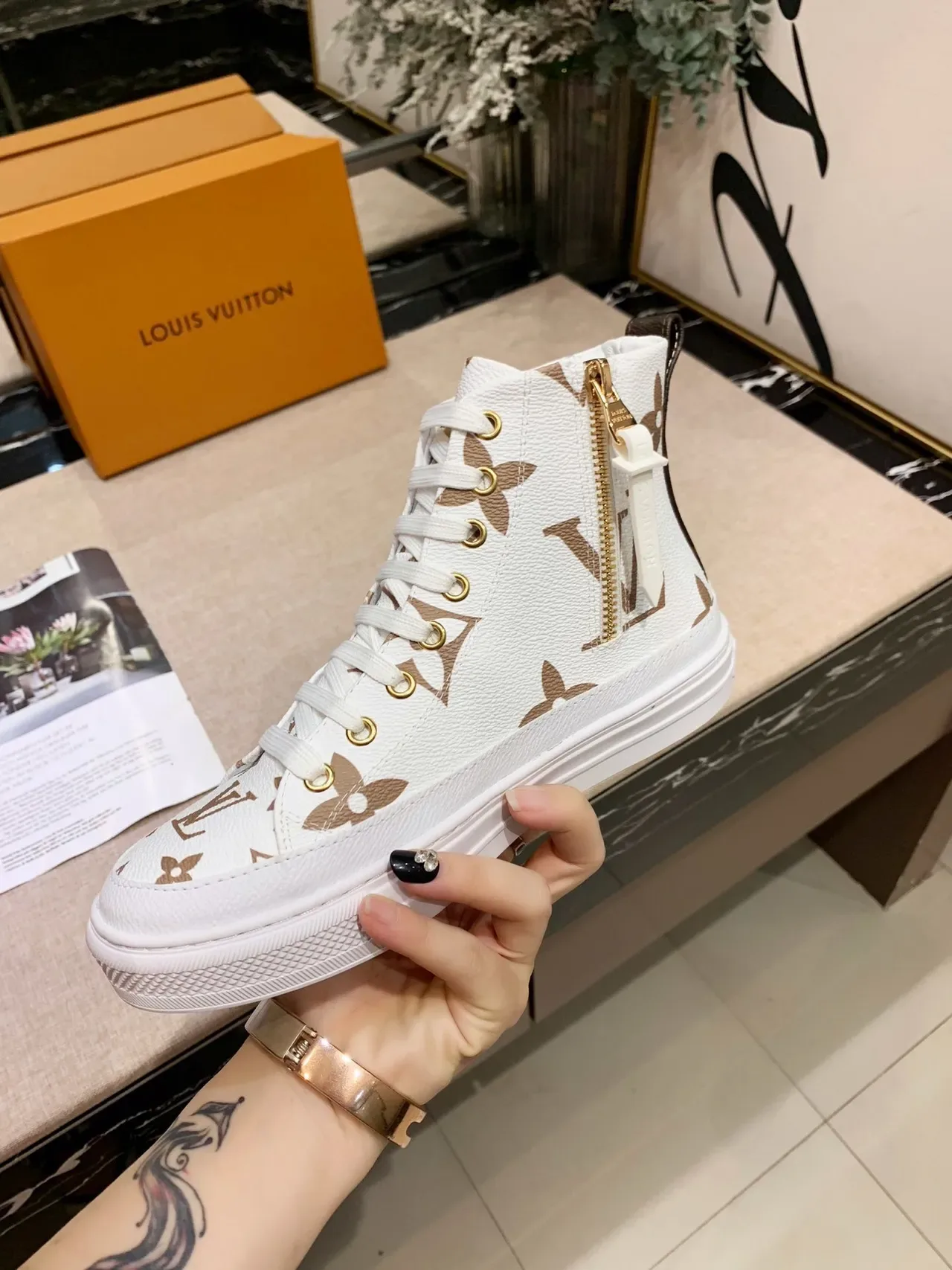 Louis Vuitton White Brown High-Top Monogram-Print Lifestyle Sneakers 3