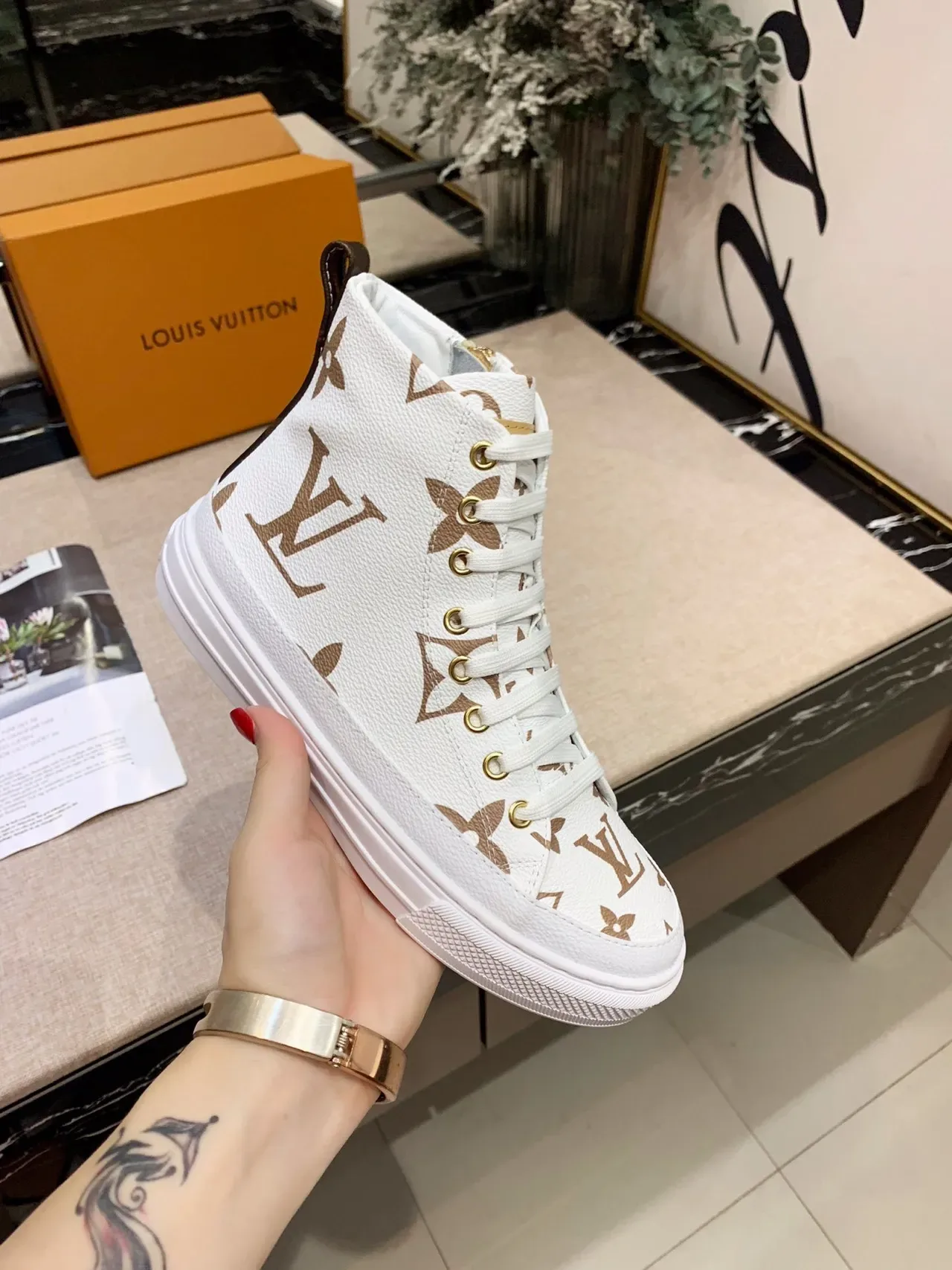 Louis Vuitton White Brown High-Top Monogram-Print Lifestyle Sneakers 4