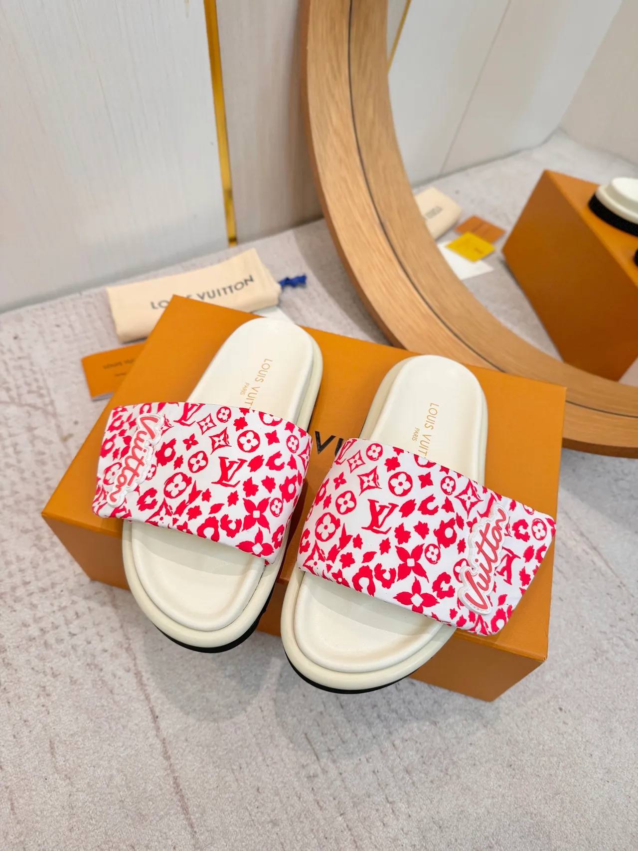Louis Vuitton White Red Floral Monogram Print Raised Script Logo Slippers 2