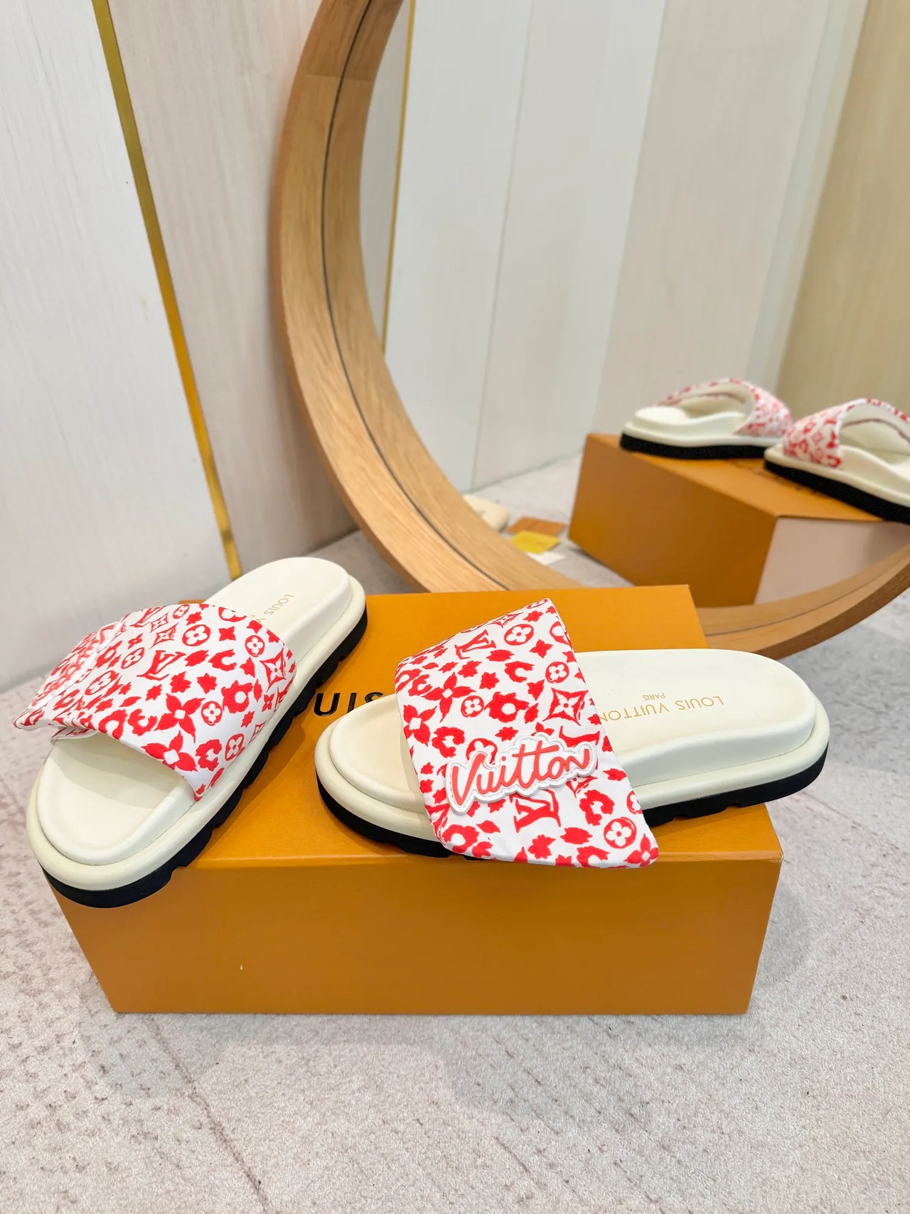 Louis Vuitton White Red Floral Monogram Print Raised Script Logo Slippers 3