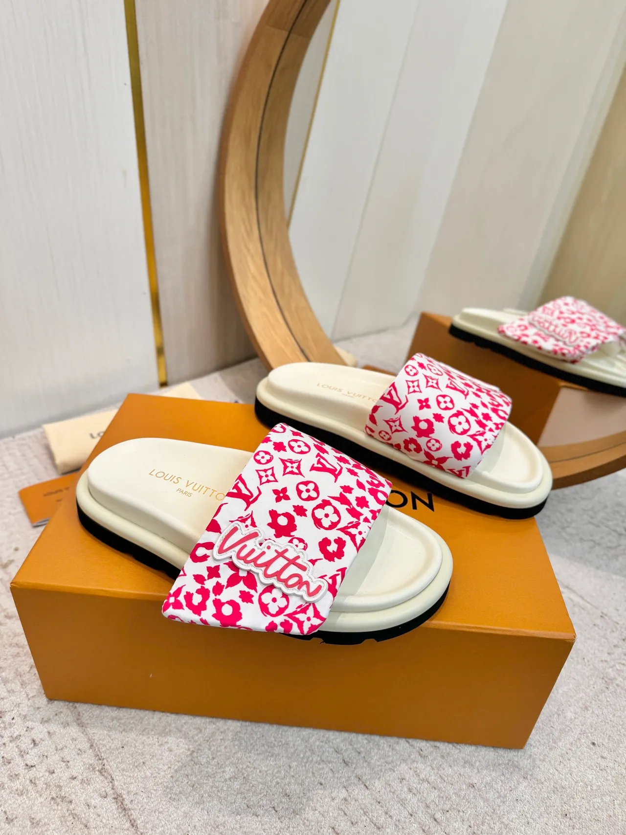 Louis Vuitton White Red Floral Monogram Print Raised Script Logo Slippers 4