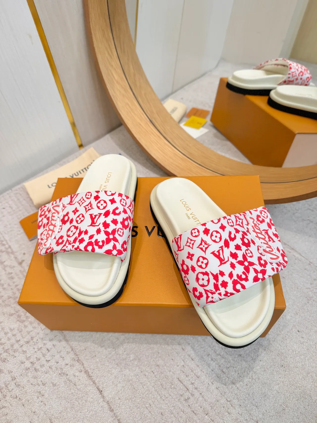 Louis Vuitton White Red Floral Monogram Print Raised Script Logo Slippers 5