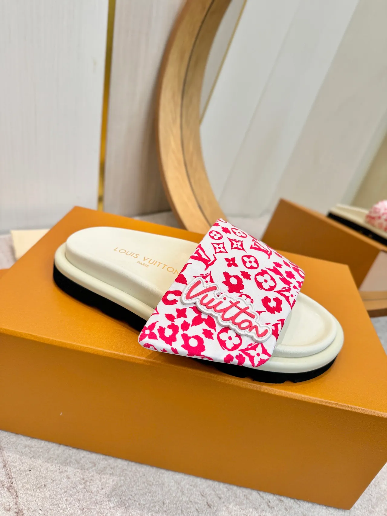 Louis Vuitton White Red Floral Monogram Print Raised Script Logo Slippers 6